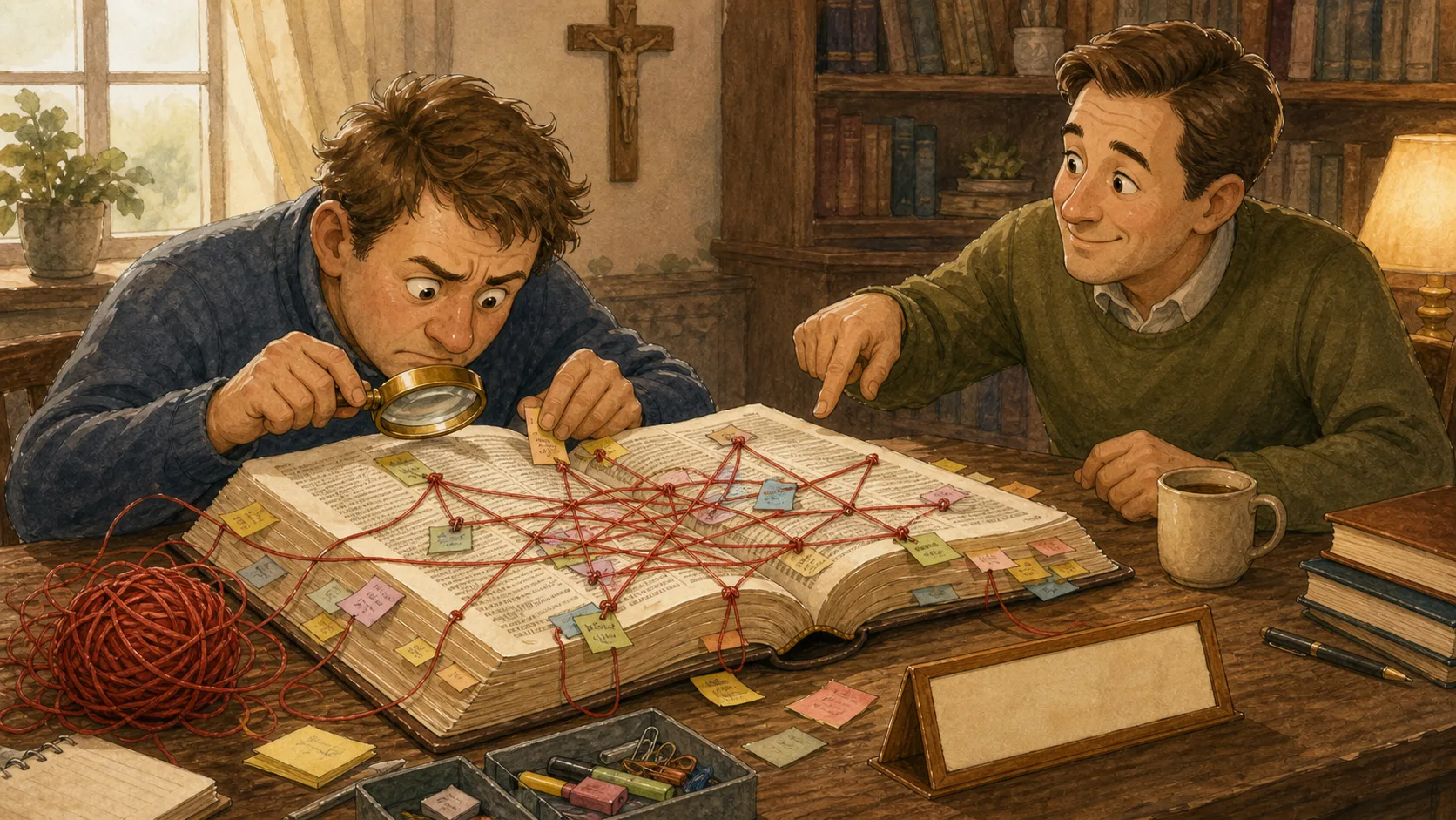 Eine humorvolle Szene, in der jemand Bibelstellen mit Zetteln und Fäden überkompliziert, während ein Freund auf den Zusammenhang hinweist