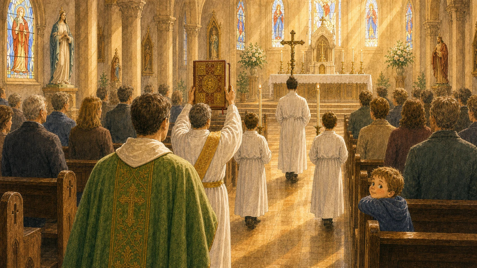 Ein Evangeliar wird in einer katholischen Messe feierlich getragen, während ein Kind neugierig zuschaut